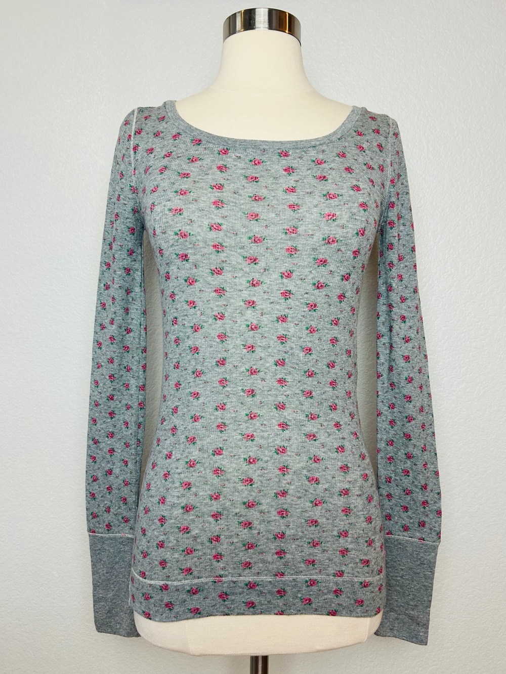 Pink Victoria's Secret Rib Shirt Women's S Gray Floral Print Long Sleeve NWT
